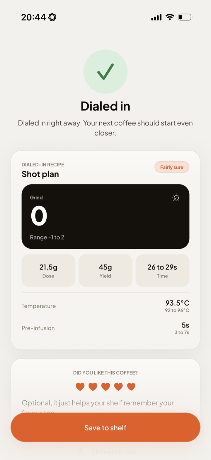 Dialed in recipe saved screen